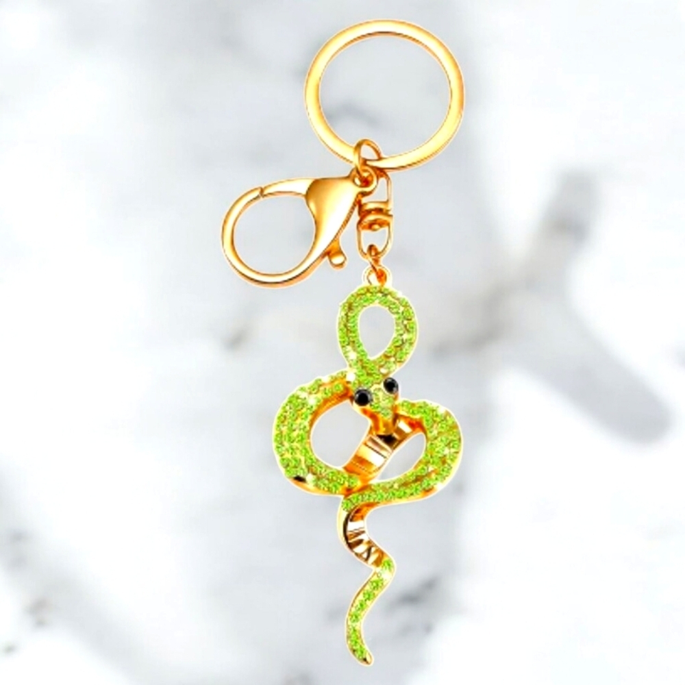 Green Rhinestone Coiled Snake Purse Charm with Gold Hardware